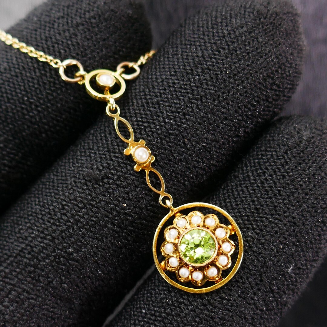 Antique 14K Yellow Gold Victorian Peridot and Seed Pearl Necklace ...