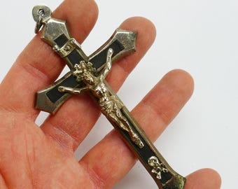 Crucifijo de calavera de metal vintage, cruz de ébano negro, Jesús, Dios, Inri, huesos, color plata