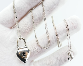 Vintage 925 Sterling Silver heart padlock style Pendant delicate + ball chain silver tone