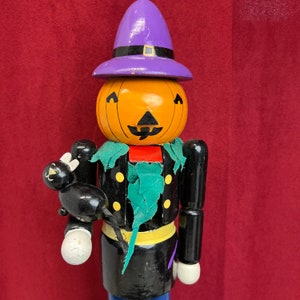 Wooden Pumpkin Black Cat Nutcracker Halloween trick or treat scarecrow cute image 2