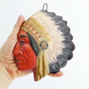 Antique Native Chief Cast Iron Head Wall Plaque Original Paint 1900&#39;s