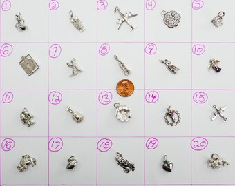 Vintage Sterling Silver Bracelet Charm or Pendant - ONE PIECE You Choose - Plane Owl Candlestick Buffalo Car Dog Coat Cash Register Heart