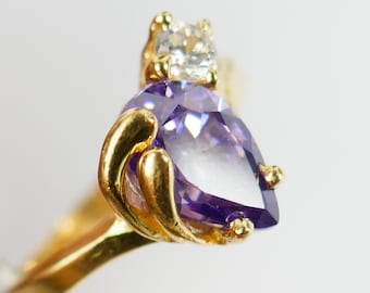 Bague vintage en or jaune 10 carats avec pierre violette, taille 6,5 US, bijou en or massif.