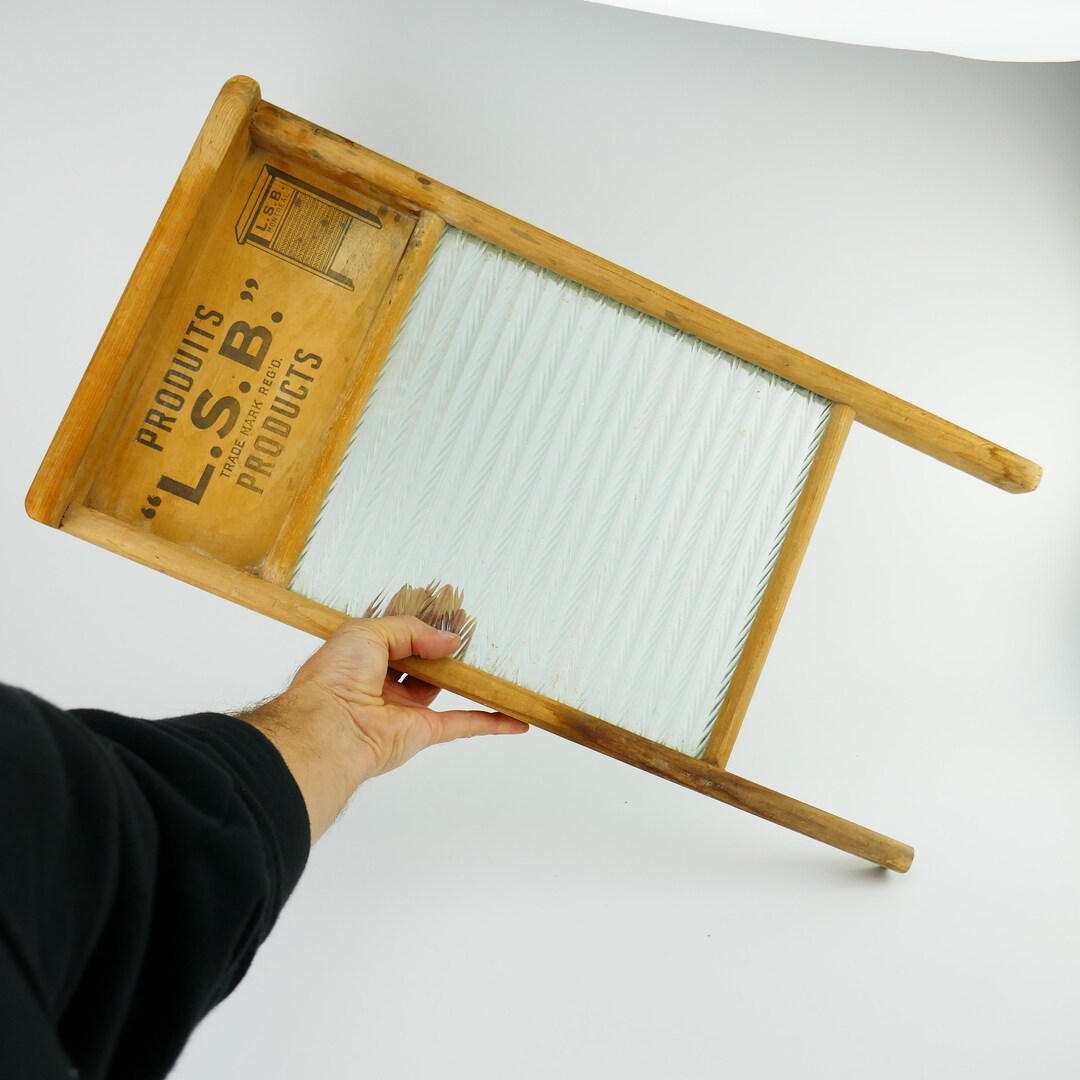 Antique Canadian Quebec Wood Washboard PEARL BRAND Glass Panel Old Wash