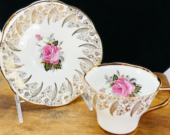 Vintage Stratford Pink Roses tekopp och fat fint benporslin guldfärgad accent