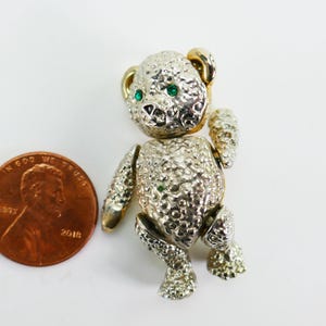 vintage two tone articulated teddy bear brooch pendant green eyes