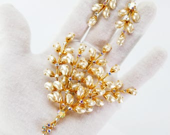 Broche vintage árvore robusta de pérolas falsas e strass AB bijuteria combinando clipe