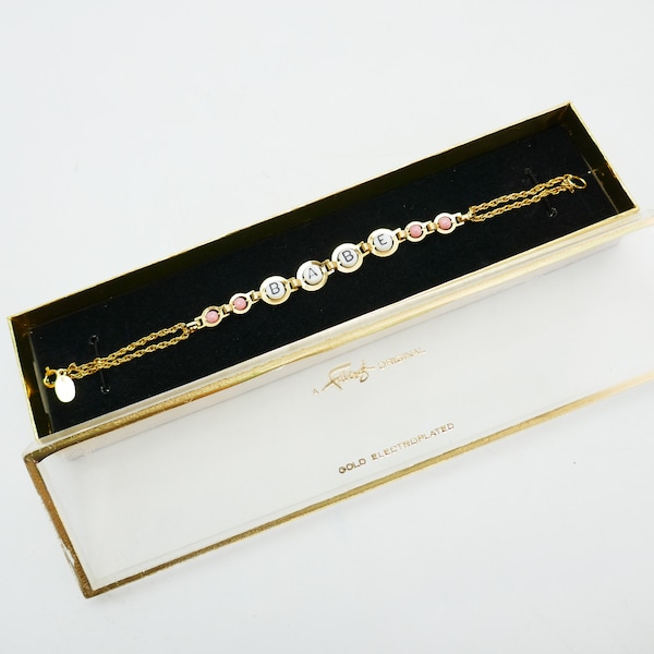 Vintage FABERGE Gold electroplated bracelet BABE Beads & pink 7.5'' double sided letters in original box