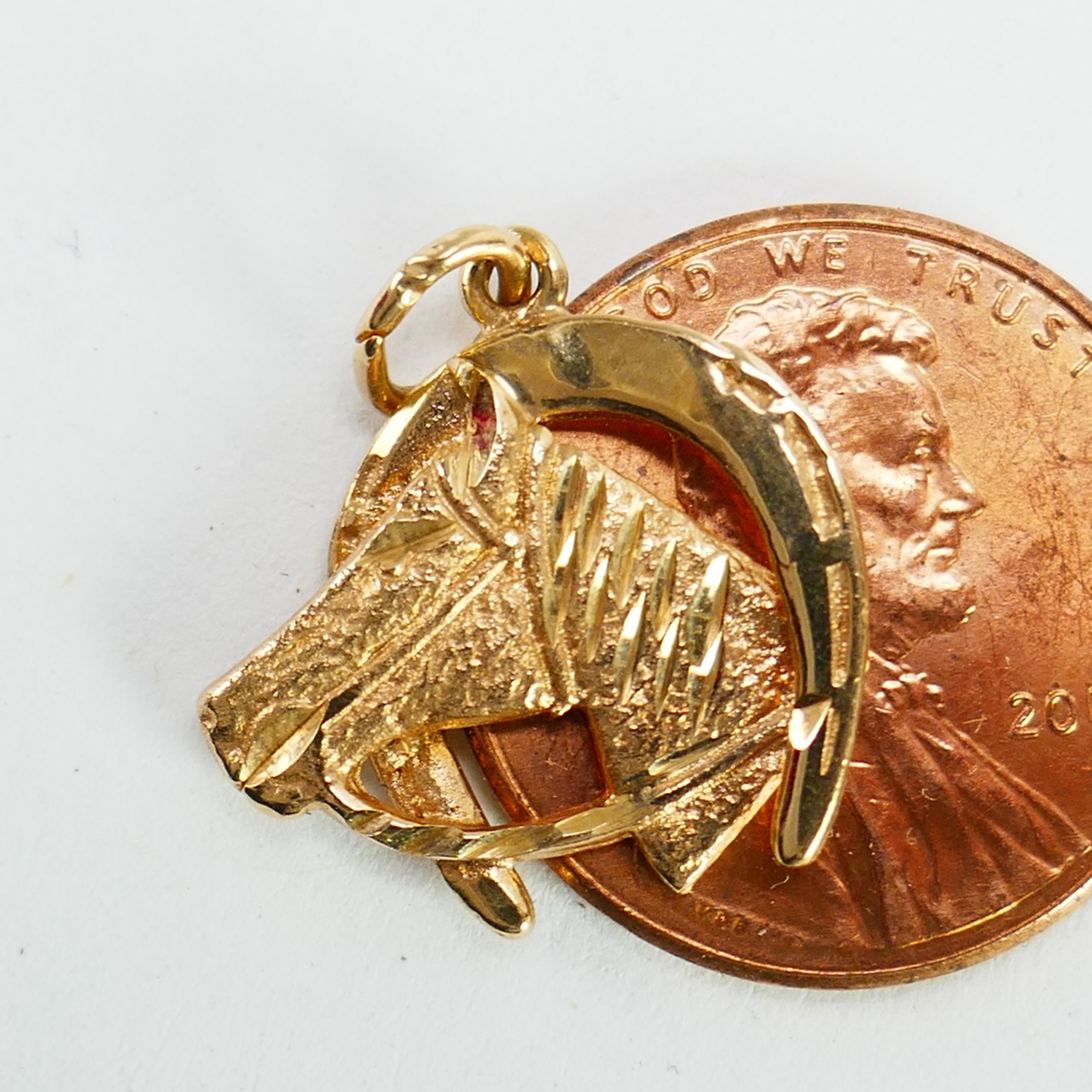 14K Solid Yellow Gold Horse Head & Lucky Horseshoe Pendant Necklace - Animal Lover Jewelry
