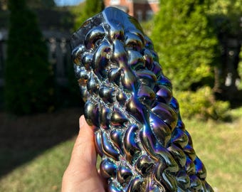 Vase draperie vintage FENTON en verre irisé bleu électrique/violet