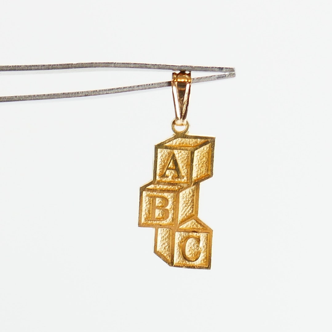 Vintage 10k Yellow Gold Charm Pendant ABC Baby Shower Wooden Block Style Solid Gold Fine Jewelry