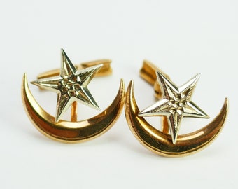 Vintage 10k yellow & white Gold Celestial Moon and Star Cufflinks - Solid Gold - Fine Jewelry