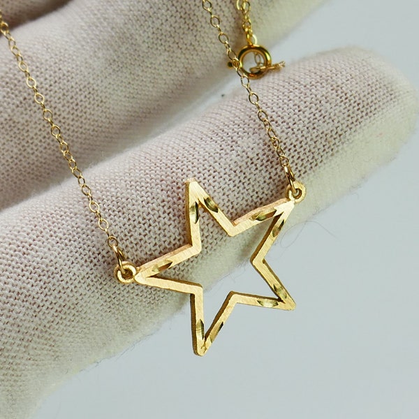 Vintage 10K yellow Gold star Pendant + lightweight 16'' link chain yellow gold - Solid Gold - Fine Jewelry