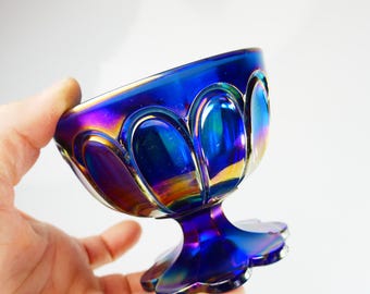 Antyczny niebieski szklany kielich do cukru Northwood Carnival Glass Open