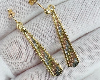 Vintage 10k gouden 3-tone bungelende oorbellen stropdas dasvorm elegant flexibel - Fijne sieraden - Massief goud