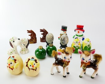 Salt and Pepper Shakers Vintage reindeer Easter egg chick snowman crocodile egg dog ornament mouse corn