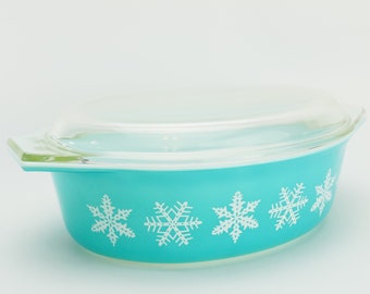 Cocotte en pyrex vintage flocon de neige turquoise couvercle blanc turquoise