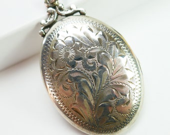 Médaillon vintage ovale pendentif en argent sterling 925 fleur gravée à l'eau-forte 1944 Rita BIRKS