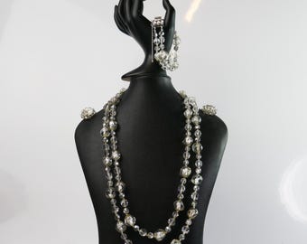Raro conjunto de colar, pulseira e brincos vintage em vidro artístico com contas, assinado por Sherman, bijuteria Gustave, na caixa.