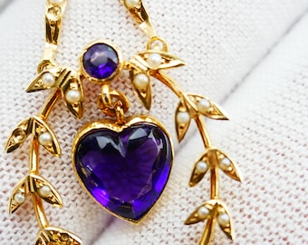 Vintage 14K Gelbgold Amethyst und Saatperle baumelnder Anhänger Bogenherz und baumelnder Stein Solid Gold Fine Jewelry