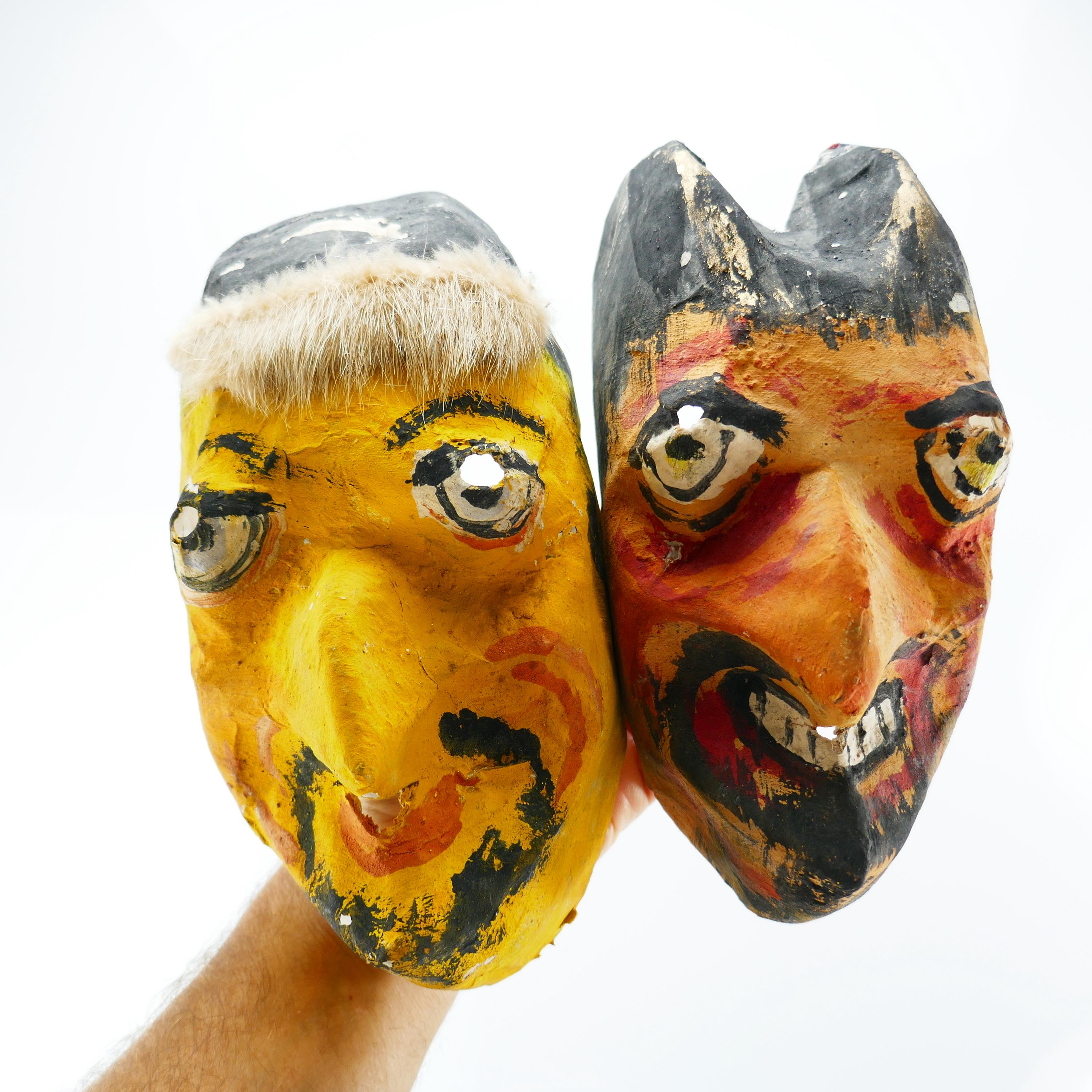 Ancien Masque De Carnaval / Fairground - Tête Complète En Papier Mâché, Vintage