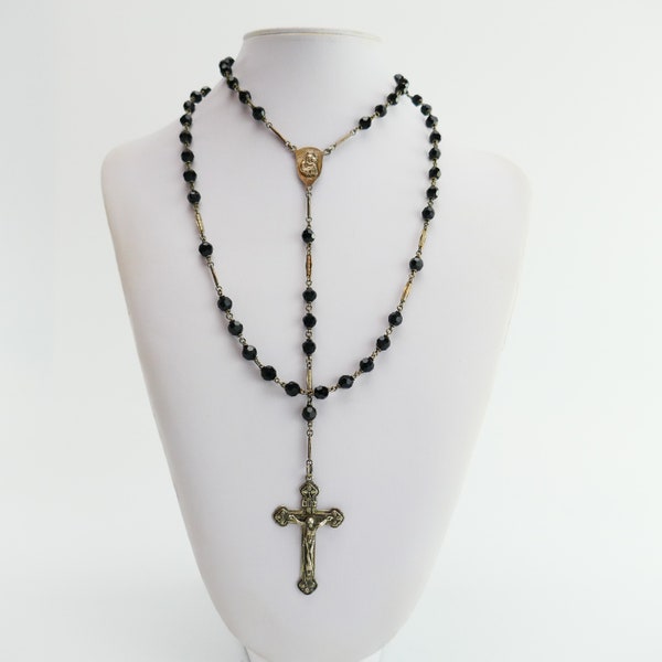 Vintage Religious Rosary silver STERLING Catholic INRI Rosary chapelet black cut glass Beads Jesus cross