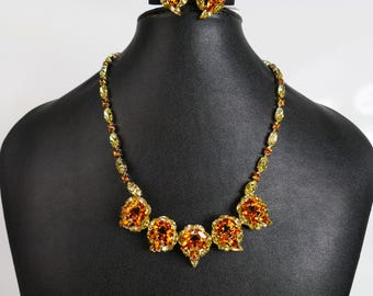 Rare Color Vintage SHERMAN Necklace + Clip on Earrings Signed Costume Collectible Designer Gustave Sherman Swarovski Crystals