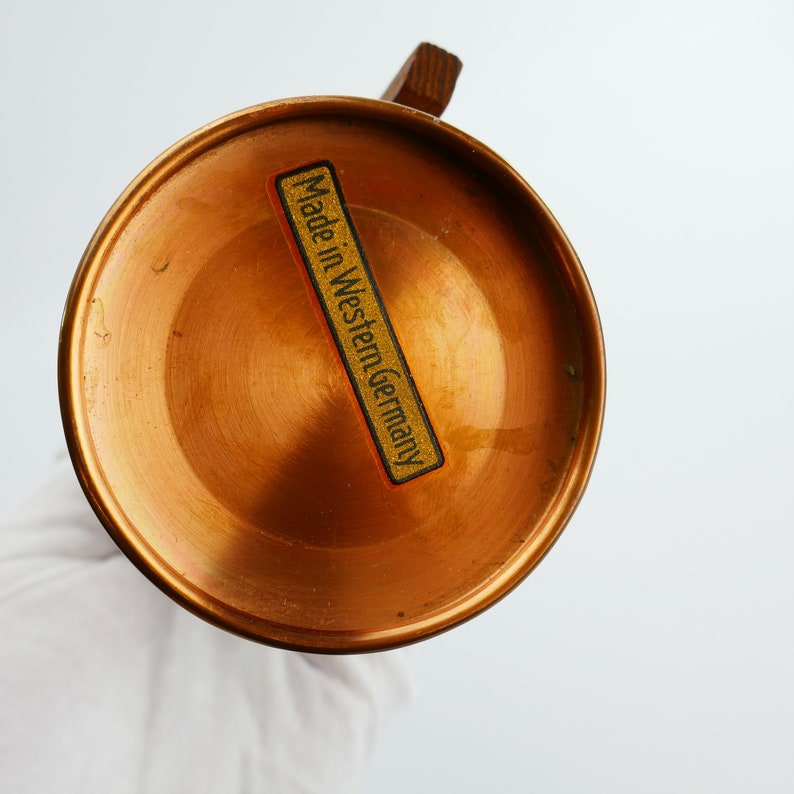 Vintage Mid Century Modern hammered pitcher with wooden handle / Vase Metal Signed Western Germany Copper MCM image 3