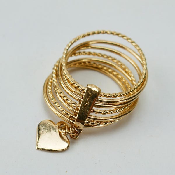 Size 3 3/4 Vintage 10K Yellow Gold multiple band Ring dangle heart semainier pinky mid finger 7 days ring