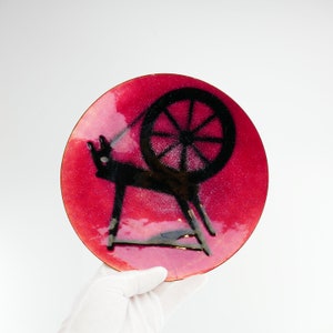 Vintage Mid Century Plate Dish Enamel Copper Bronze Red spinning wheel