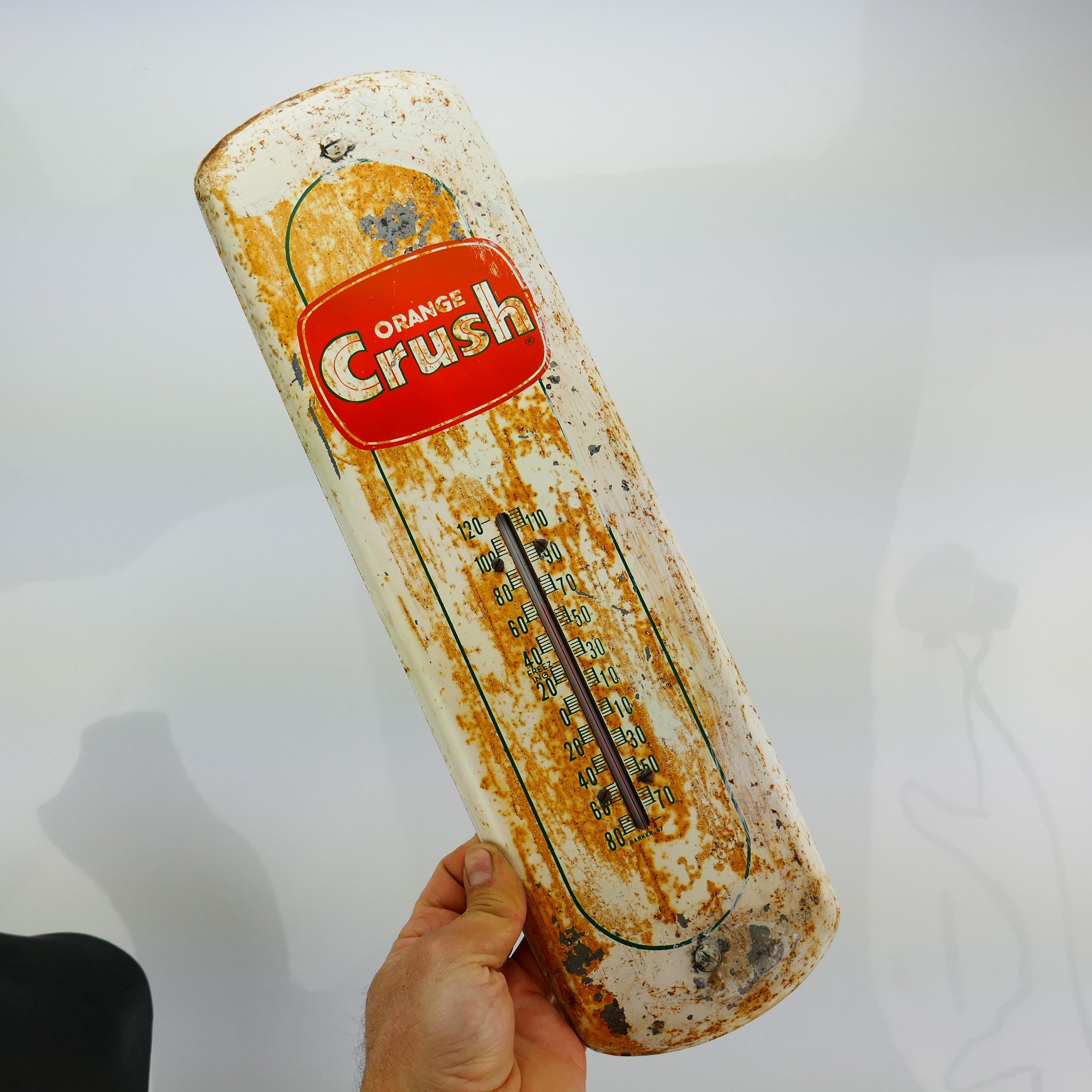 RUSTY Vintage Orange Crush Working Tin Advertising Thermometer