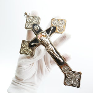 Excelente Crucifixo Cruz de Ébano Jesus abençoado Vintage multi Santos Matthaus Goretti Relíquia Selada Dupla Face CRUCIFIX RELIQUE