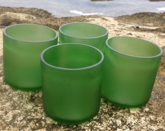 Frosted Green Glass cups made from Sake Bottles set of 2 glass candle holder