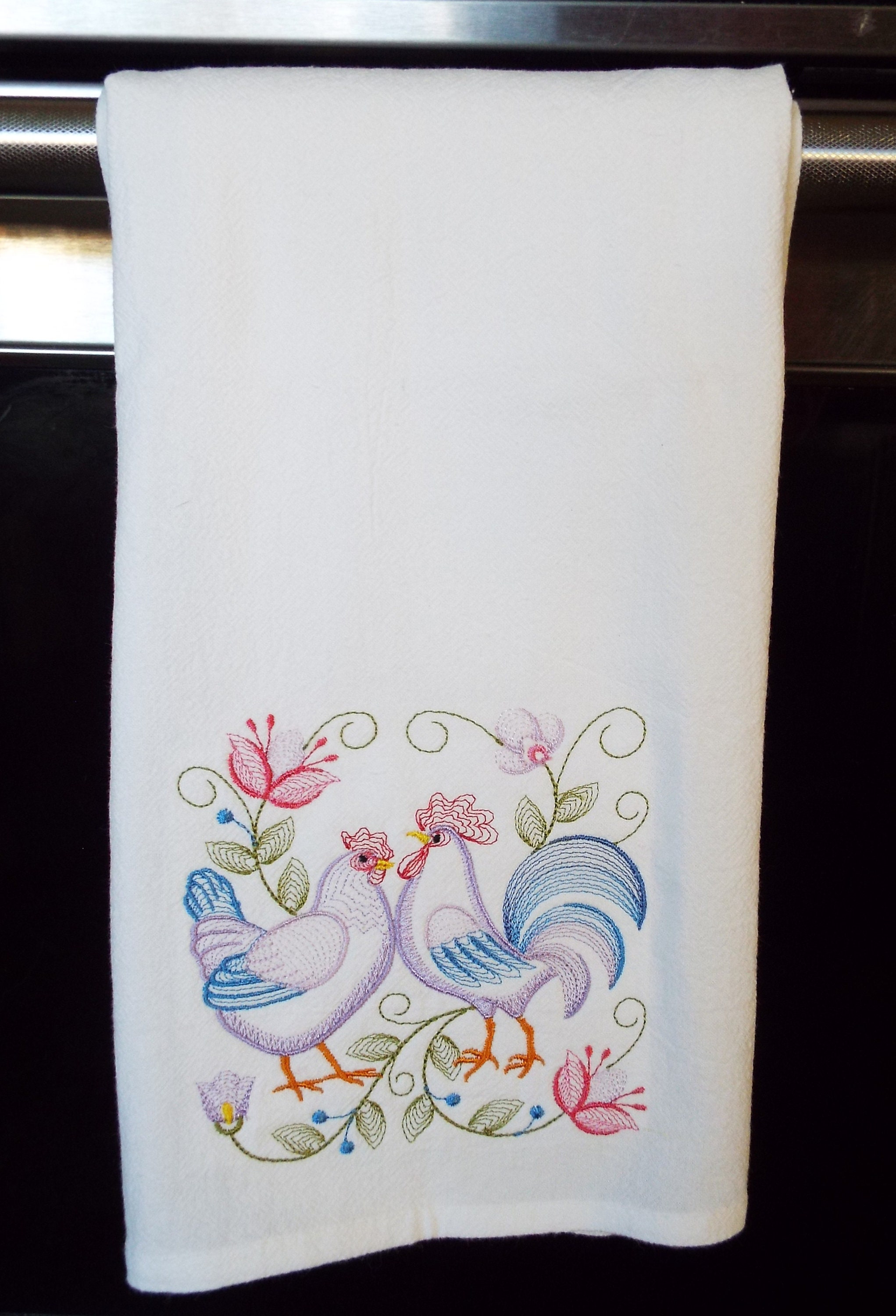 Embroderd Ripple Design Embroidered Ripple Design Floral Purple and Blue Rooster and Chicken ...
