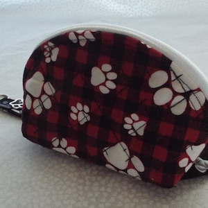 X Small Quilted Vinyl Lined Dog Treat Bag  With White Paw Prints on Red and Black Plaid Print