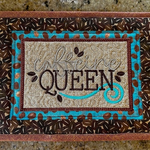 Embroidered Caffeine Queen Mug Rug in Rich Browns and Bright Aqua