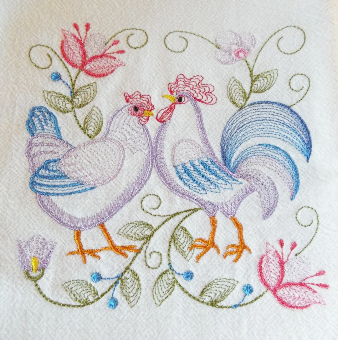 Embroderd Ripple Design Embroidered Ripple Design Floral Purple and Blue Rooster and Chicken ...