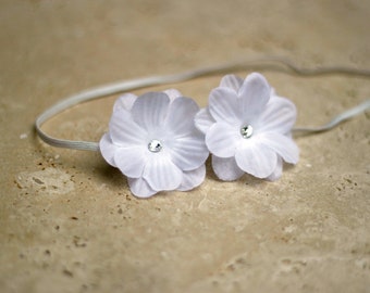 Baby Girl Christening Headband, White Flower with Rhinestone