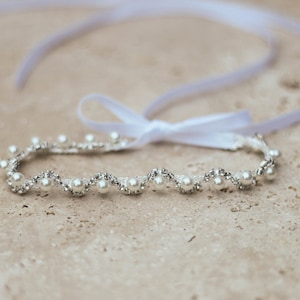 Rhinestone Pearl Wedding Headband with Ribbon