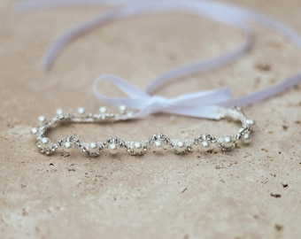 Rhinestone Pearl Wedding Headband with Ribbon