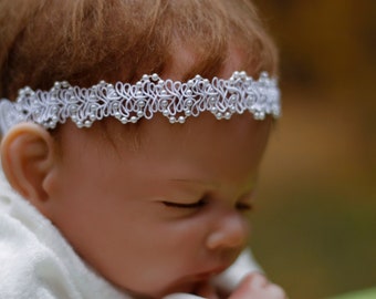 Beaded Christening Headband, White Baby Halo, Newborn Photo Prop