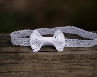 White Lace Bow Headband, Baby Christening Headband