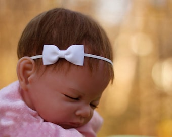 White Bow Baby Headband, Newborn Infant Girl