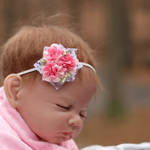 Pink and white lace and flower headband, newbornl headband, baby headband, infant headband,newborn photo prop