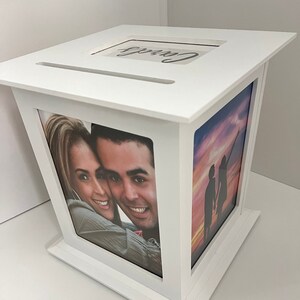 Photos displaying wedding card box for a unique wedding item for your 2024 wedding.  Can be used as a home decor piece after the wedding