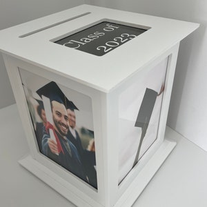 White Personalized Graduation Card Box - Picture Frame Display & Card Holder in One