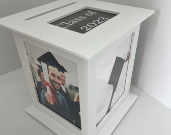 White Personalized Graduation Card Box - Picture Frame Display & Card Holder in One