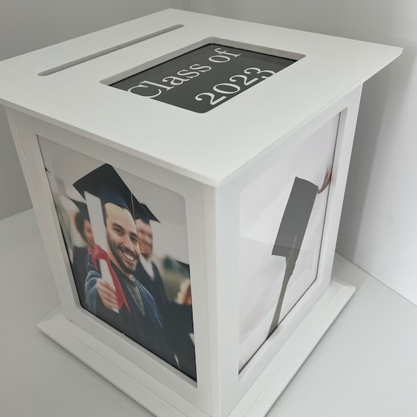 White Personalized Graduation Card Box - Picture Frame Display & Card Holder in One
