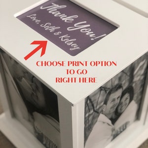 This photo shows where the Personalized print for the Wedding Card Box is inserted.  This box top can be personalized with names, event date and wedding colors too!