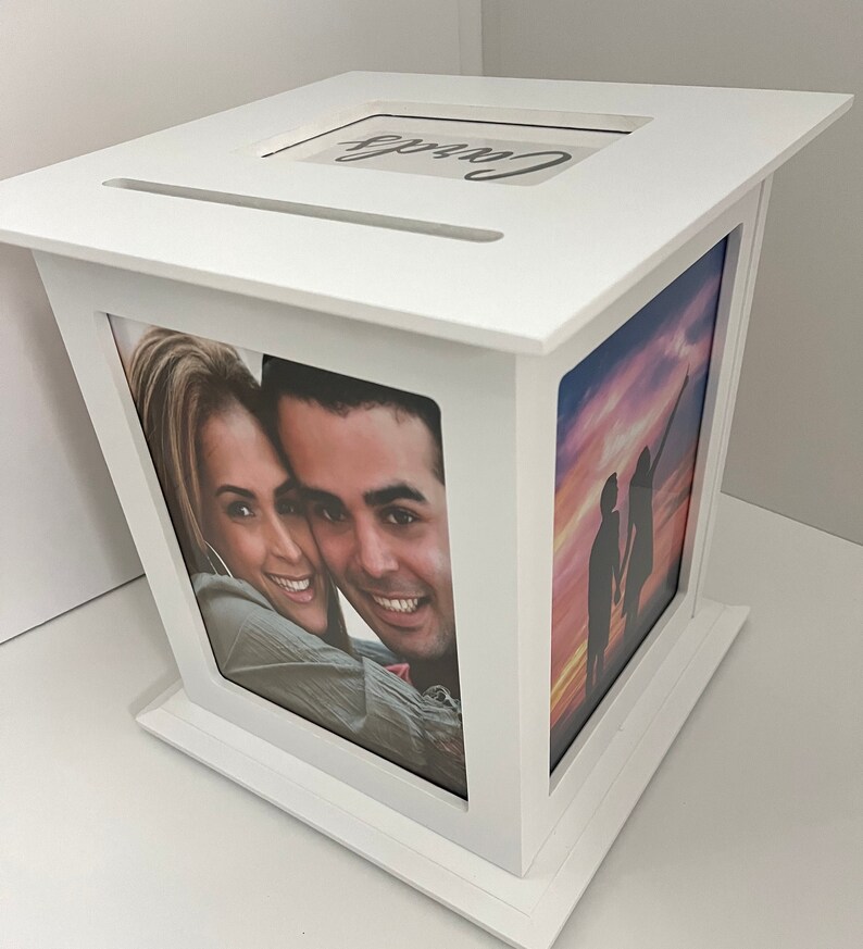 Photos displaying wedding card box for a unique wedding item for your 2024 wedding.  Can be used as a home decor piece after the wedding